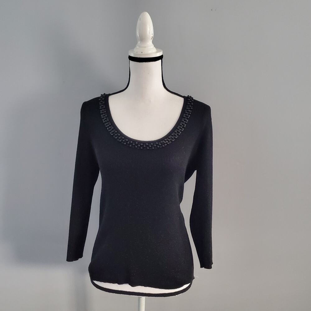 August Silk Knits Silk Blend Beaded Collar Black Sweater M